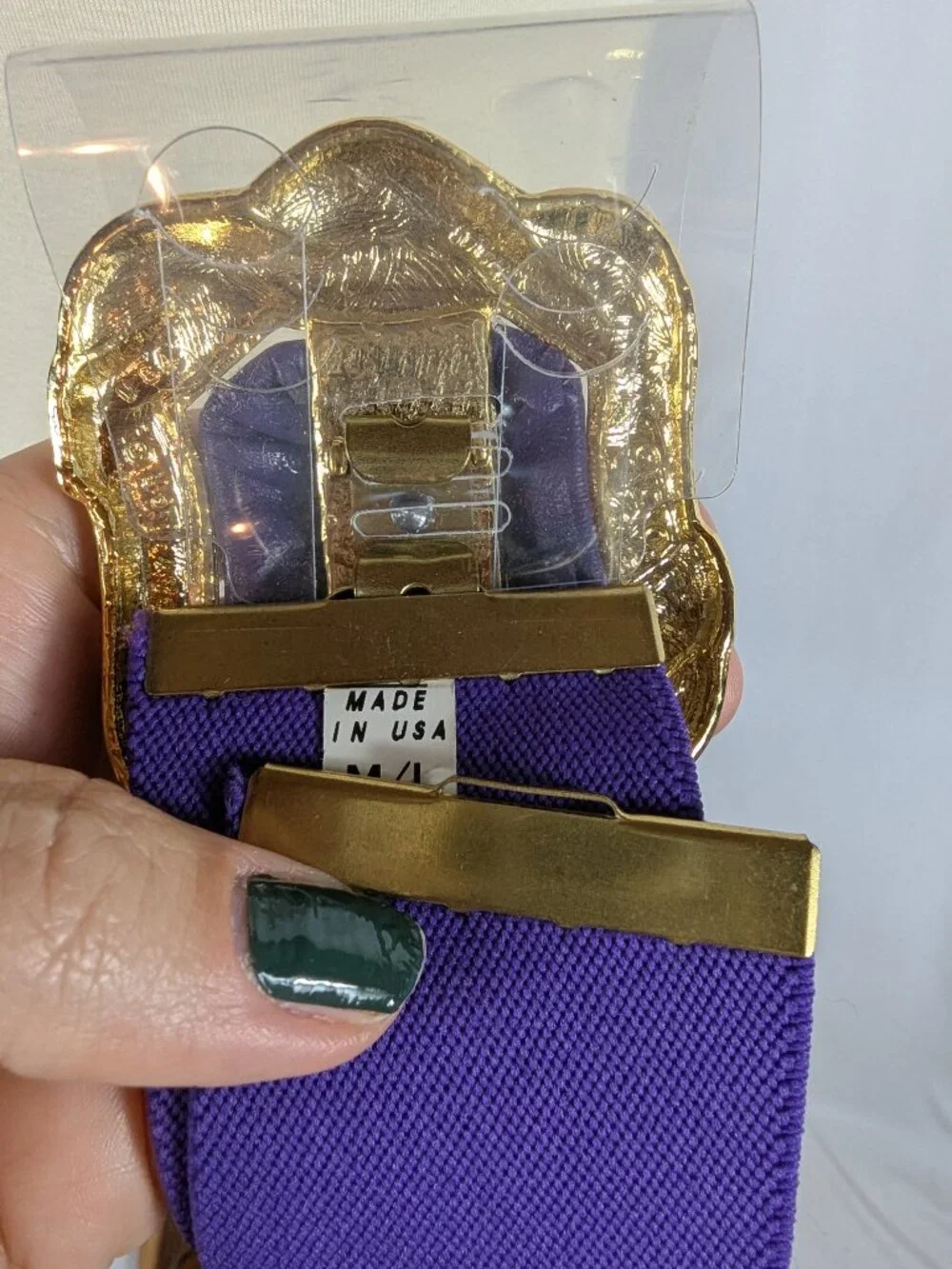 Day-Lor 80s Purple Elastic Cinch Belt Gold Square Friends Buckle USA Vtg 31